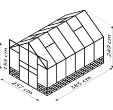 Dessin d''une serre avec dimensions : 257 cm de large, 385 cm de profondeur et 249 cm de haut.