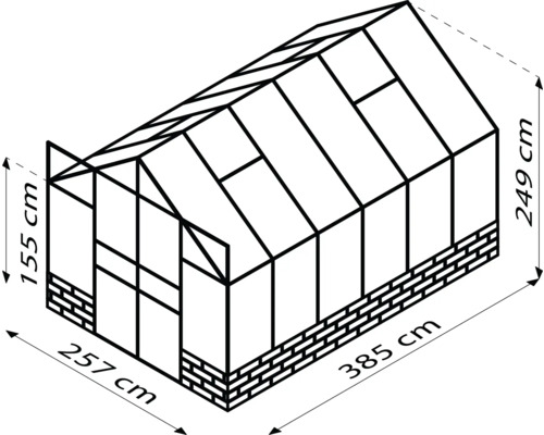 Zeichnung eines Gewächshauses mit Maßangaben: 257 cm breit, 385 cm tief und 249 cm hoch.