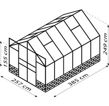 Illustration d''une serre mesurant 385 sur 257 sur 249 centimètres avec une hauteur latérale de 155 centimètres.