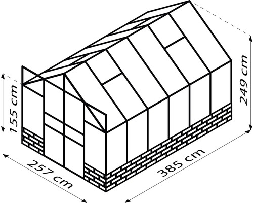 Illustration eines Gewächshauses mit den Maßen 385 mal 257 mal 249 Zentimeter und einer Seitenhöhe von 155 Zentimetern.