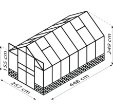 Illustration d''une serre avec les dimensions suivantes : 257 cm de large, 448 cm de long et 249 cm de haut.