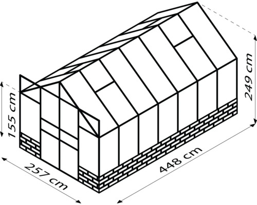 Illustration d''une serre avec les dimensions suivantes : 257 cm de large, 448 cm de long et 249 cm de haut.