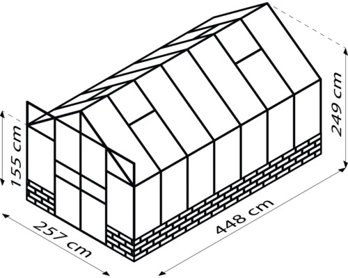 Schéma technique d''une serre mesurant 257 cm x 448 cm x 249 cm