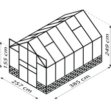 Schéma de la serre avec les dimensions suivantes : 385 cm de long, 257 cm de large et 249 cm de haut