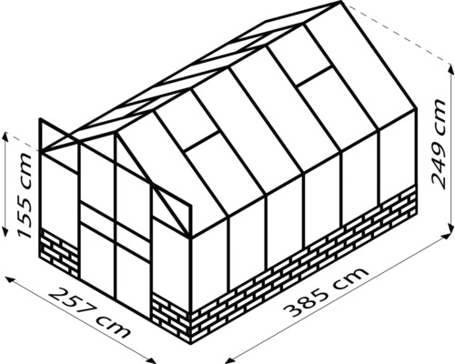 Schema des Gewächshauses mit den Maßen 385 cm Länge, 257 cm Breite und 249 cm Höhe