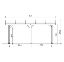 Technische Zeichnung einer Holzüberdachung mit Maßangaben.