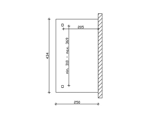 Dessin technique coté d''un produit, comprenant une hauteur de 434, une profondeur de 205 et une largeur variable de 310 minimum à 369 maximum.