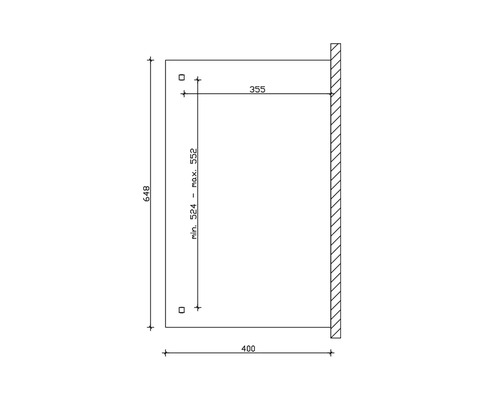Dessin technique avec cotes d''un produit : hauteur 648, largeur 400, profondeur 355, hauteur variable de 524 à 552.