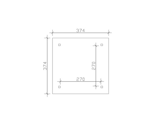 Plaque carrée avec des dimensions de 374 x 374 mm et des perçages à une distance de 270 mm.
