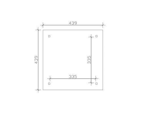 Dessin technique d''une plaque carrée mesurant 439 x 439 mm avec quatre trous percés à une distance de 335 mm.