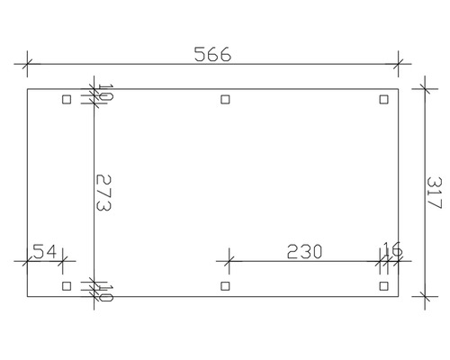Schéma technique avec dimensions : longueur 566, largeur 317, hauteur 273, distance 54, distance 230, distance 10, distance 16.