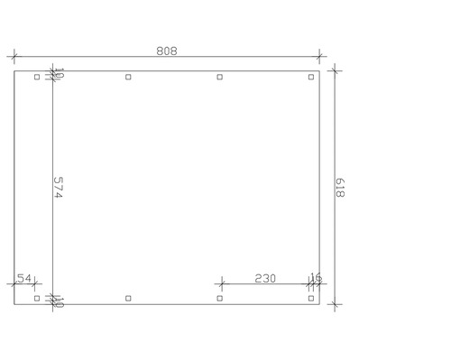 Dessin technique avec les dimensions 808, 618 et 574