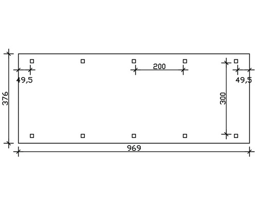 Dessin technique avec dimensions: longueur 969, largeur 376, distance entre les trous 49,5, 200 et 300