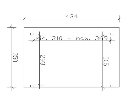 Dessin technique avec dimensions : 434 millimètres de largeur, 350 millimètres de hauteur, 310 millimètres minimum et 369 millimètres maximum de profondeur.