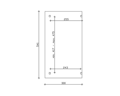 Dessin technique avec cotes : longueur 541, largeur 300, hauteur minimale 417, hauteur maximale 475, largeur supérieure 255, largeur inférieure 243.