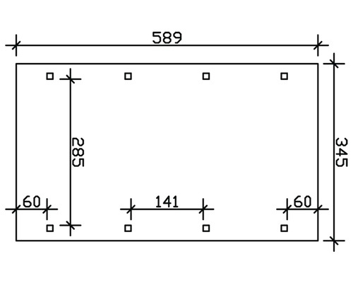 Schéma avec dimensions : longueur 589, hauteur à gauche 285, hauteur à droite 345, distance en bas à gauche 60, distance au centre en bas 141