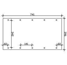 Dessin technique avec dimensions : longueur 741, hauteur 396, hauteur intérieure 342, distance 60 et 141