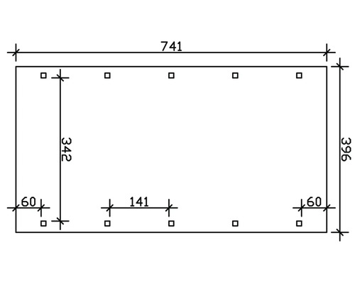 Dessin technique avec dimensions : longueur 741, hauteur 396, hauteur intérieure 342, distance 60 et 141