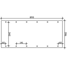 Technische Zeichnung mit Maßangaben für ein rechteckiges Produkt mit den Maßen 893 x 396 mm und mehreren Montagepunkten.