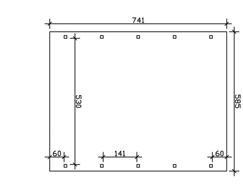 Dessin technique avec cotes : largeur 741, hauteur 585, hauteur latérale 530, distance 60 et 141.