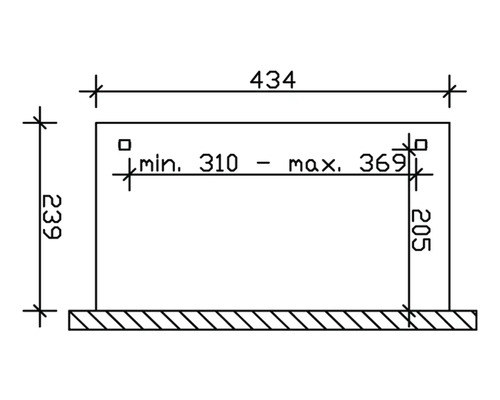 Dessin technique avec dimensions d''un produit : hauteur 239, largeur 434, profondeur minimale 310 à maximale 369, hauteur 205.