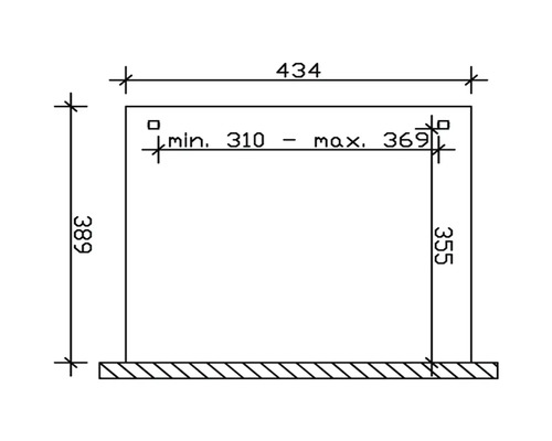 Dessin technique avec dimensions : 434, 389, 355, minimum 310, maximum 369