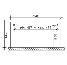 Dessin technique avec cotes : longueur totale 541 mm, hauteur 239 mm, profondeur 205 mm, distance intérieure minimale 417 mm, maximale 475 mm.