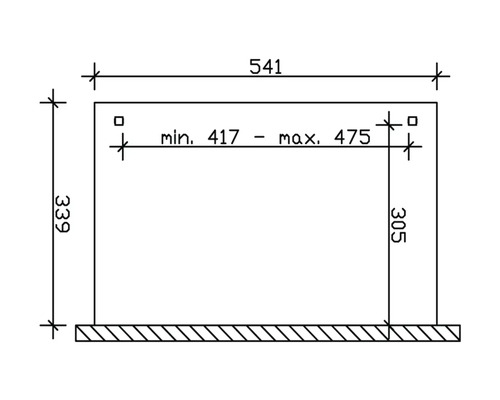 Schéma technique avec dimensions : largeur totale de 541 mm, hauteur de 339 mm, épaisseur de 305 mm et distance variable entre 417 mm et 475 mm.