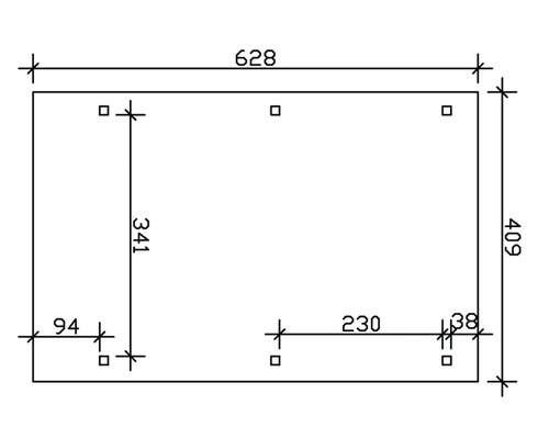 Dessin technique avec dimensions : longueur 628, largeur 409, hauteur 341