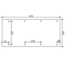 Dessin technique avec dimensions : 870 x 409 millimètres, entraxes de 230 et 341 millimètres.
