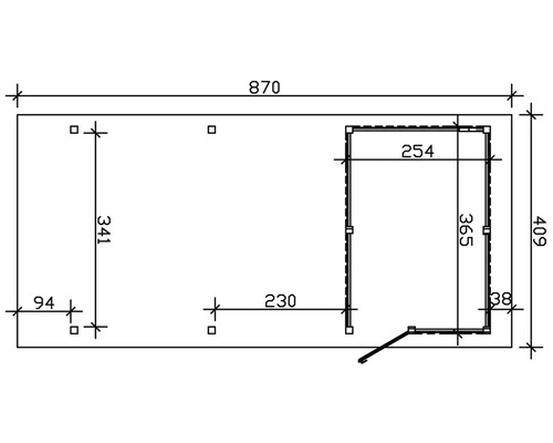 Dessin technique d''un abri de jardin avec indications de dimensions.