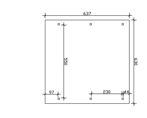 Schéma technique avec dimensions d''un objet rectangulaire : 637 x 630 millimètres.