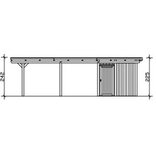 Schéma technique d''une remise de jardin avec abri de voiture et indications de dimensions