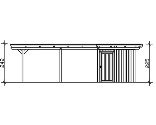 Schéma technique d''une remise de jardin avec abri de voiture et indications de dimensions