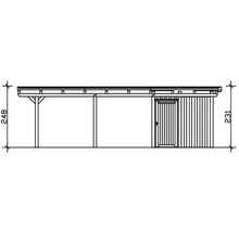Zeichnung eines Gerätehauses mit Carport und Maßangaben