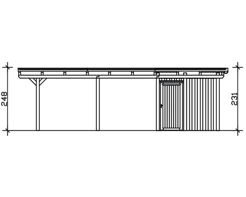 Schéma d''un abri de jardin avec carport et indications de dimensions
