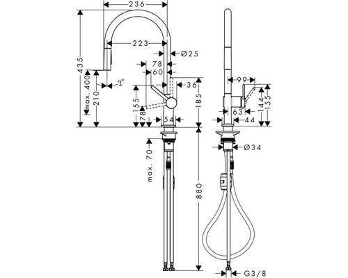 Dessin technique d''un robinet de cuisine avec indications de dimensions