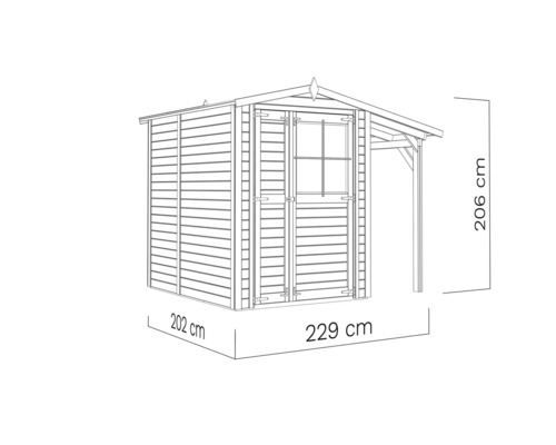 Illustration eines Gartenhauses mit den Maßen 202 mal 229 mal 206 Zentimeter