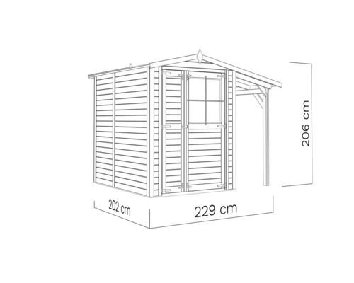 Illustration eines Gartenhauses mit den Maßen 229 Zentimeter Breite, 202 Zentimeter Tiefe und 206 Zentimeter Höhe.
