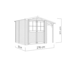 Illustration eines Gartenhauses mit den Maßen 202 cm x 276 cm x 211 cm.