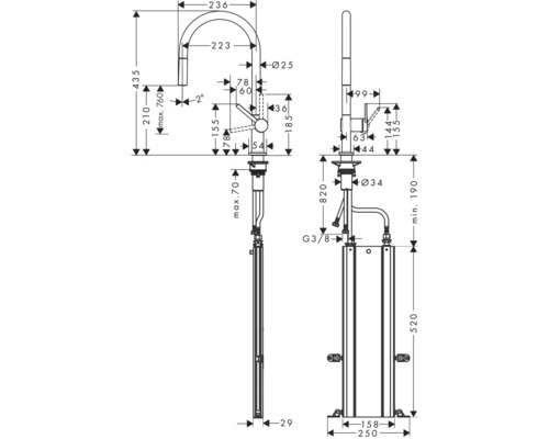 Dessin technique d''un robinet de cuisine avec dimensions