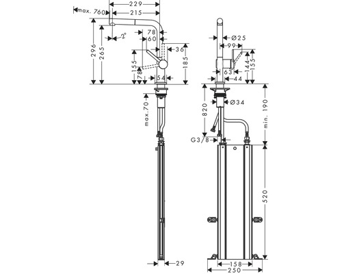 Schéma technique d''un robinet de cuisine avec dimensions