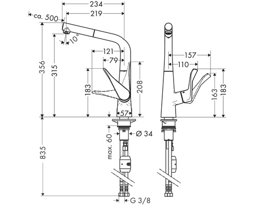 Schéma technique d''un robinet de cuisine avec dimensions
