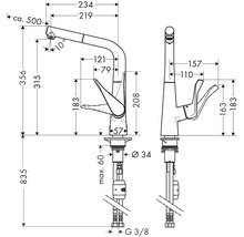 Dessin technique d''un robinet de cuisine avec dimensions