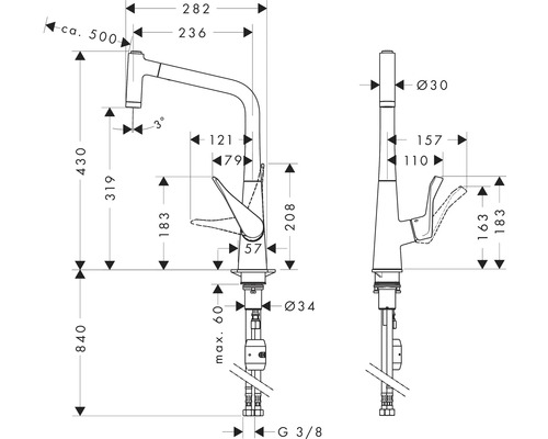 Technische Zeichnung einer Küchenarmatur mit Maßangaben