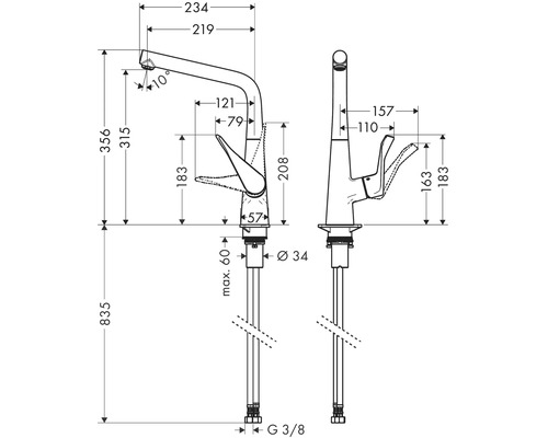 Schéma coté d''un robinet avec toutes les dimensions