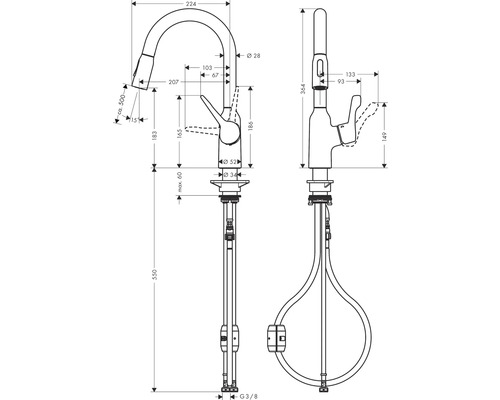 Dessin technique d''un robinet de cuisine avec les dimensions correspondantes.