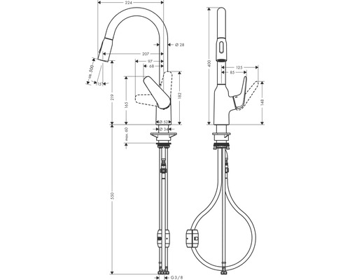 Dessin technique d''un robinet de cuisine avec dimensions