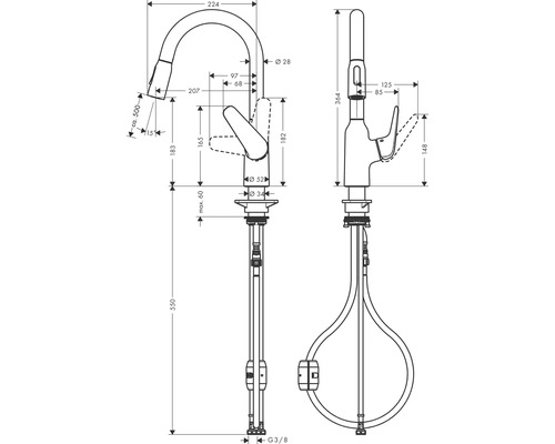 Schéma technique d''un robinet de cuisine avec dimensions