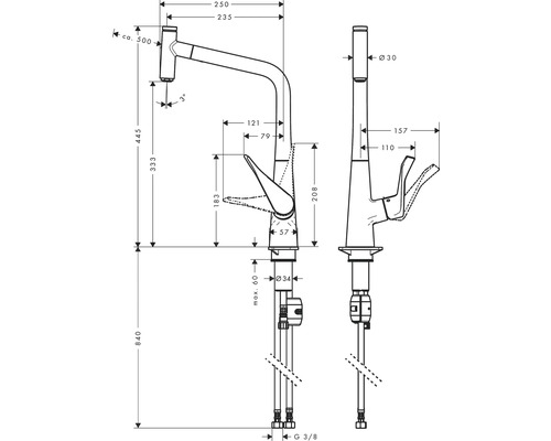 Dessin technique d''un robinet de cuisine avec dimensions
